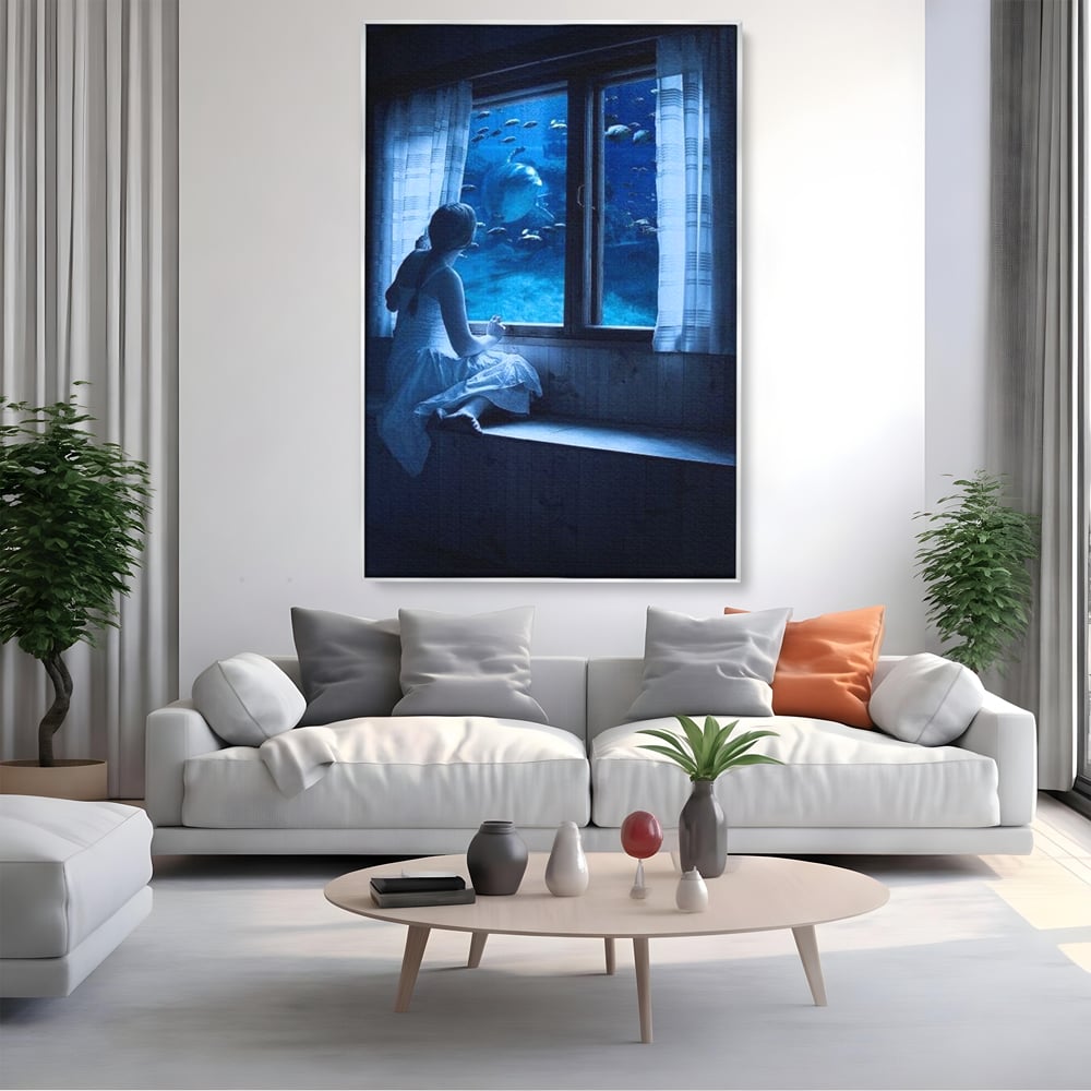 Tablou canvas cu tablou canvas cu fata privind in acvariu, in rama de aluminiu argintiu, pe perete intr-un living